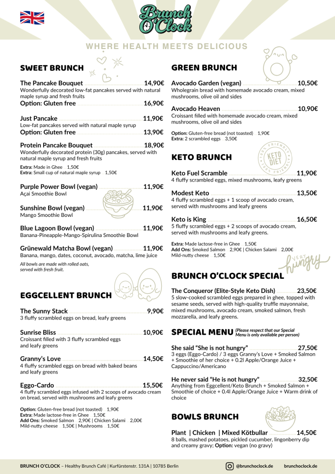 Menu Brunch O'Clock Berlin