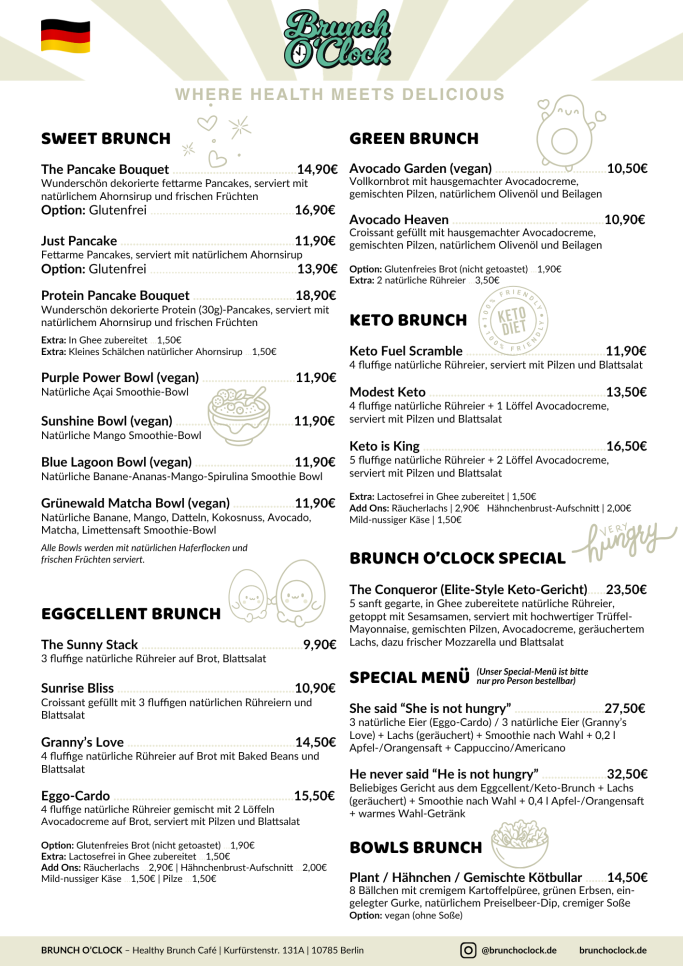 Speisekarte Brunch O'Clock Berlin
