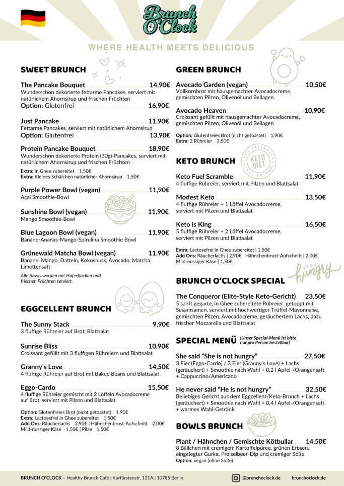 Speisekarte Brunch O'Clock Berlin